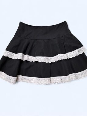 Black Tiered Mini Skirt with White eyelet Trim